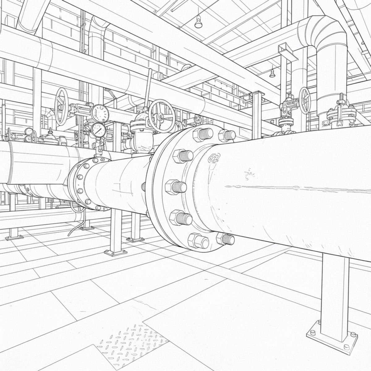 Desenho técnico de tubulação industrial